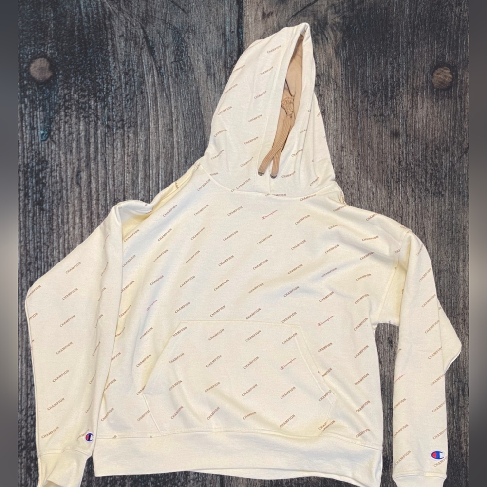 Champion Women's Legend Logo-print Relaxed Hoodie Cream/Tan Size M NWT